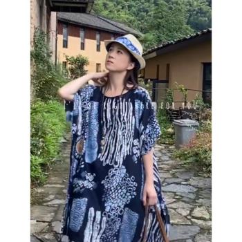 民族風披肩女雲南麗江大理旅遊仿藍染扎染防曬復古套頭斗篷薄罩衫