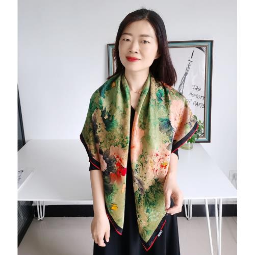花蘿香云紗絲巾100%桑蠶絲圍巾雙面印花110大方巾女重磅真絲披肩