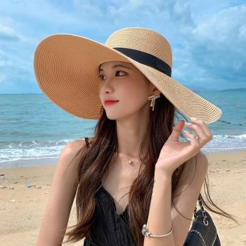 草帽可折疊米色女夏季沙灘大帽檐