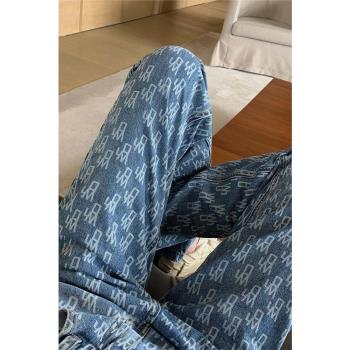 韓國春秋季新款寬松顯瘦藍色提花小眾直筒褲高腰休閑印花牛仔褲女