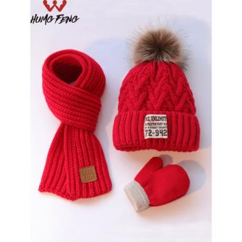 秋冬兒童加絨圍巾手套紅色毛線帽