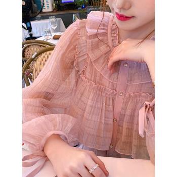 2022春秋新款法式超仙溫柔甜美粉色雪紡衫上衣設計感小眾襯衫女夏