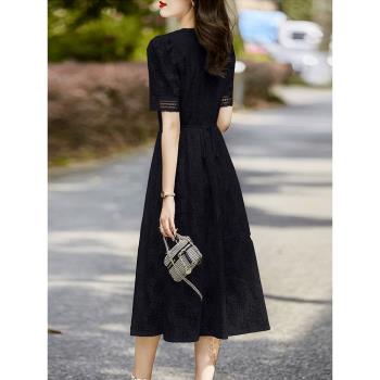 蕾絲v領短袖黑色連衣裙女夏中長款修身顯瘦法式氣質輕熟風長裙子