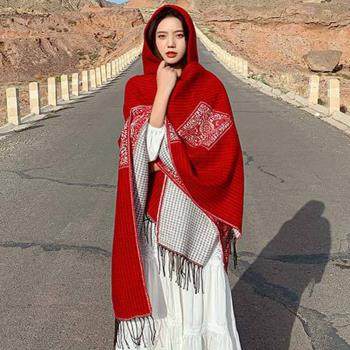 青海湖沙漠旅游大披肩女圍巾兩用防曬保暖茶卡鹽湖民族風斗篷外套