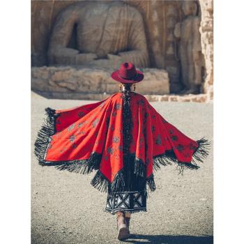 民族風刺繡流蘇超大披肩青海西藏云南旅游仿羊絨酒紅色圍巾保暖女
