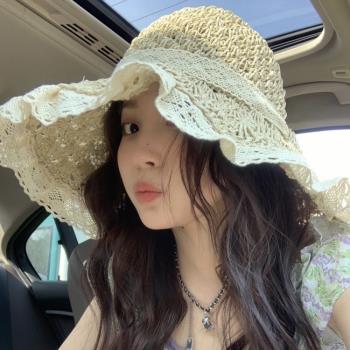 ins韓系少女蕾絲系帶草帽夏季出游防曬度假拍照海邊遮陽草編帽子