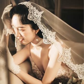 復古新娘長短款韓式拍照蕾絲頭紗
