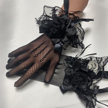 新款黑色網紗手套蕾絲黑暗蘿莉拍照時尚手套寫真短款復古手套新娘