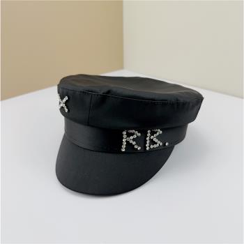 新款字母綢緞面絲滑報童帽純手工手縫水鉆水手帽子鴨舌八角帽