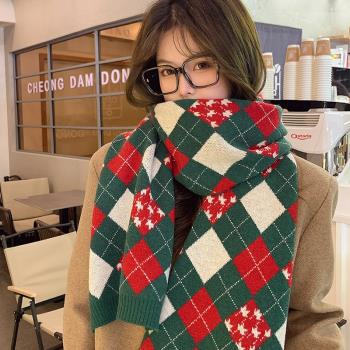 紅綠拼色格子針織圍巾女秋冬季韓版日系百搭保暖學生圣誕毛線圍脖