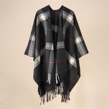 Plaid shawl with cape blanket and warm tassel shawl