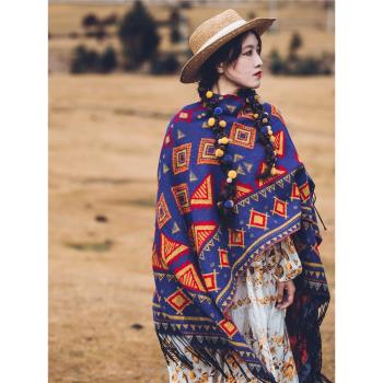民族風幾何圖案女青海西藏披肩