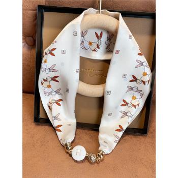 珍珠磁扣項鏈真絲小絲巾春夏洋氣簡約裝飾圍巾100%桑蠶絲小領巾潮