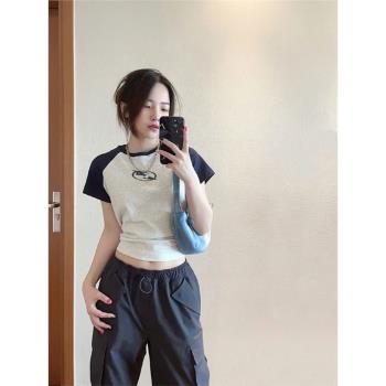 辣妹風百搭插肩袖t恤女2023年夏季新款撞色短袖修身顯瘦短款上衣