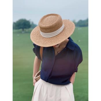 [從佐]平頂草帽女夏季出游拍照百搭防曬防紫外線草編太陽帽沙灘帽