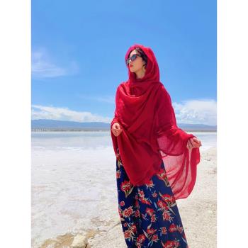 大紅色民族風披肩女夏季防曬絲巾棉麻圍巾沙漠新疆西藏旅游穿搭