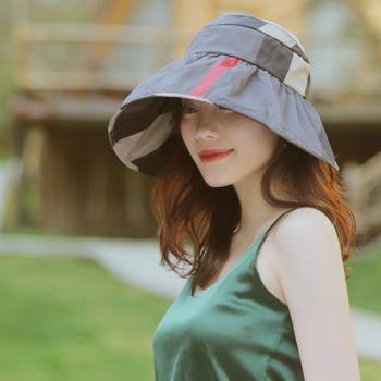 防曬遮陽空頂帽女可折夏季漁夫帽女戶外大檐格子遮陽帽出游太陽帽