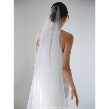 Veils超仙單層簡約氣質珍珠頭紗長款新娘結婚旅拍森系婚禮頭飾