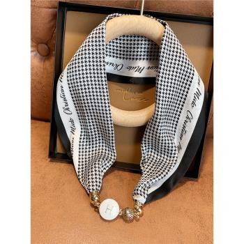 新款真絲絲巾珍珠磁扣項鏈女長條巾100%桑蠶絲小領巾夏季裝飾圍巾
