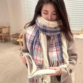 韓劇學姐百搭學院風拼接麻花格紋圍巾女冬季保暖針織披肩兩用圍脖
