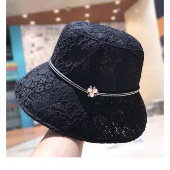 香港代購 新款ins漁夫帽子女珍珠蕾絲薄款春夏天時尚鏤空遮陽盆帽