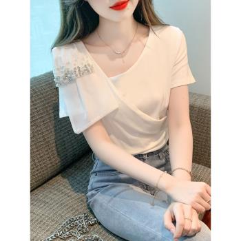 巴酷森2023夏季新款韓版設計感短袖洋氣釘珠不規則上衣女別致t恤