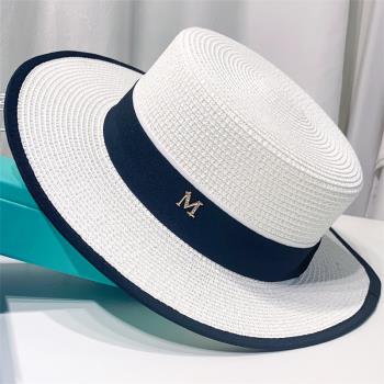 平頂草帽女夏天白色遮陽帽可折疊防曬太陽帽子海邊沙灘舞臺走秀款