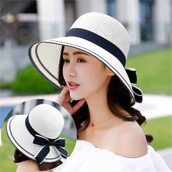 白色草帽防曬遮陽帽子女式夏天英倫禮帽出游海邊太陽帽度假沙灘帽