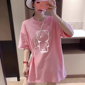【誰穿誰好看】小熊t恤女短袖夏季純棉粉色中長款寬松薄款上衣潮