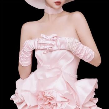 綢緞38cm超嫩芭比粉色褶皺長筒分指手套緞面薄款防曬拍照道具女