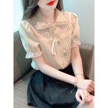 巴酷森2023年夏季新款娃娃領系帶短袖格子襯衫女甜美日韓風格上衣