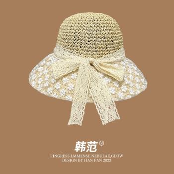 日系小清新花朵蕾絲草編帽子女夏季出游海邊度假百搭赫本風遮陽帽