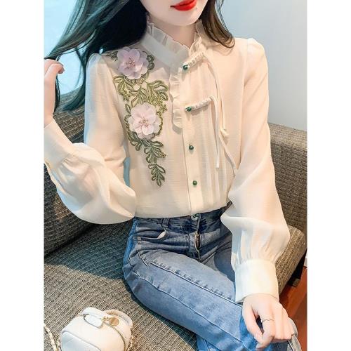 巴酷森2023春季新款木耳邊立領花朵長袖雪紡襯衫女設計感小眾上衣