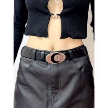 復古月亮金屬扣腰帶女士高級設計未來感黑色皮帶男士牛仔褲帶配飾