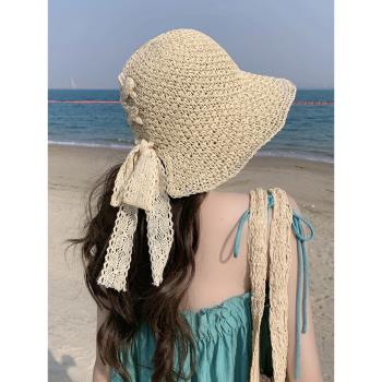 法式草帽沙灘帽女夏出游海邊度假鏤空草編帽太陽帽子遮陽防曬拍照