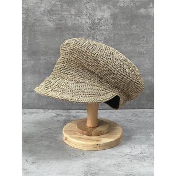 日本款草編斜頂軟馬術帽女夏季鏤空透氣貝雷帽優雅不規則鴨舌草帽