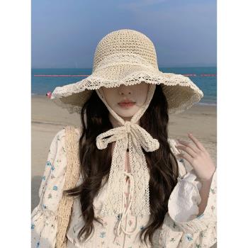 法式草帽沙灘帽女夏海邊度假赫本風絲帶編織太陽帽子遮陽折疊新款