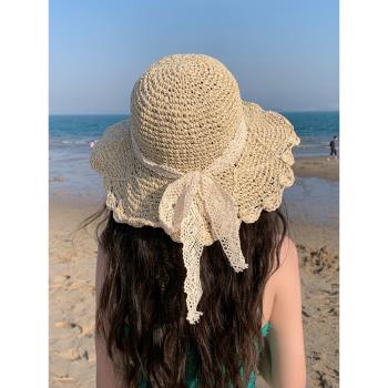 草帽赫本風蕾絲編織法式草編帽子女夏出游防曬遮陽沙灘海邊太陽帽