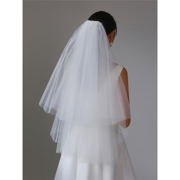 veils簡約經典白色中長款多褶大體量蓬蓬頭紗新娘結婚品質感頭飾