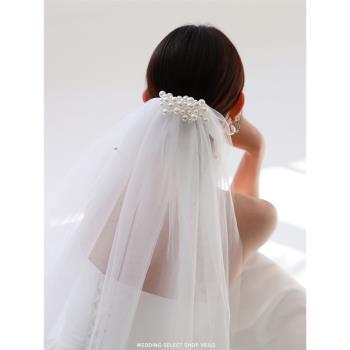 veils簡約氣質大顆珍珠發梳雙層頭紗新娘婚禮高級感發飾旅拍頭飾