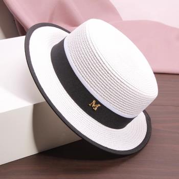 白色涼帽英倫時尚法式模特禮帽平頂小檐草帽女遮陽草編帽子太陽帽