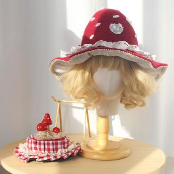原創手作蘑菇人形搭配小禮帽 手工lolita酒紅可愛毒蘑菇尖頂帽子