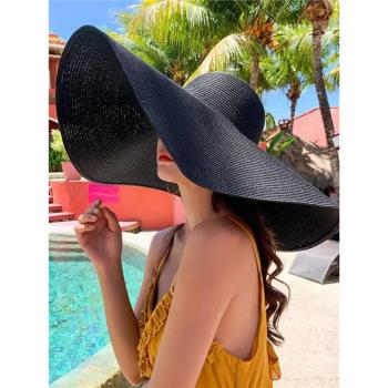 網紅超大直徑帽檐防曬草帽出游度假遮陽帽沙灘拍照太陽帽子可折疊