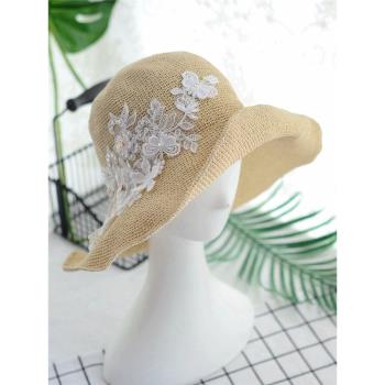 珍珠水鉆草帽密實編織休閑女蕾絲