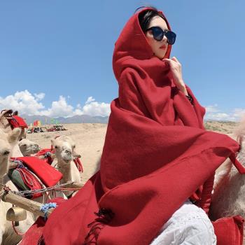 民族風女新疆西藏毯子連帽披肩