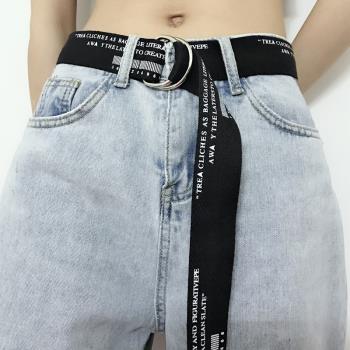 韓國個性帆布男女字母雙環扣皮帶