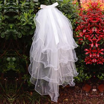 新款韓式可愛復古多層蓬蓬蝴蝶結釘珠頭紗新娘結婚紗造型旅拍頭紗