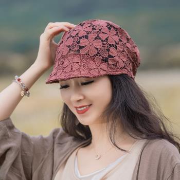 帽子女夏季鴨舌帽女士2023新款時尚鏤空遮白發蕾絲透氣包頭堆堆帽