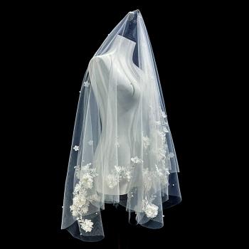 新娘結婚主婚紗頭紗超仙森系蕾絲花朵頭紗領證登記婚禮拍照頭紗