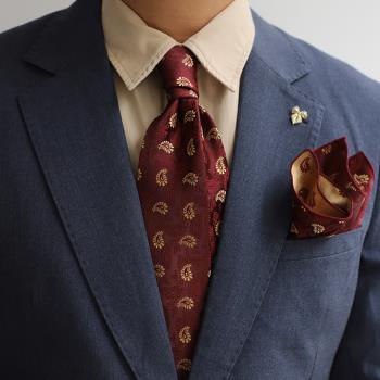 酒紅方巾復古婚禮花紋商務領帶